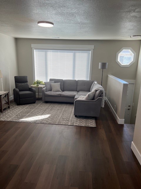 Living room with gray sofa, recliner, area rug, and hardwood floors