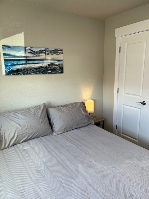 Bedroom with a queen bed, coastal wall art, and closet